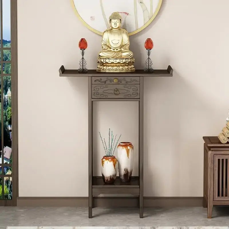 Vintage dark wood bamboo console table with drawer in living room featuring golden buddha statue decorbites bamboo console