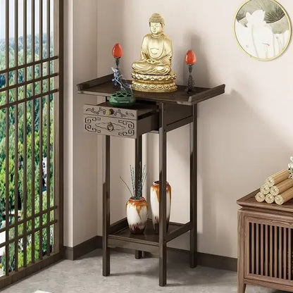 Vintage dark wood bamboo console table with drawer featuring geometric carvings holds decorbites living room accents