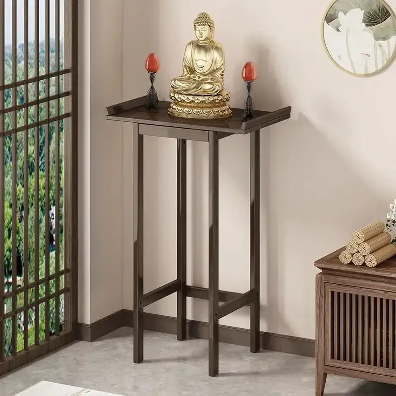 Golden buddha statue on lotus base with red candle holders displayed on vintage dark wood bamboo console table for living room decorbites bamboo console
