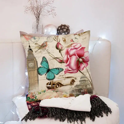 Vintage distressed peach skin 45x45cm throw pillow with pink roses turquoise butterfly and london landmarks decorbites 45x45cm peach