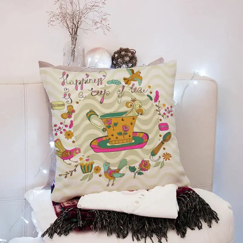 A cream 45x45cm peach skin throw pillow with whimsical tea-themed illustrations for vintage living room decorbites 45x45cm peach