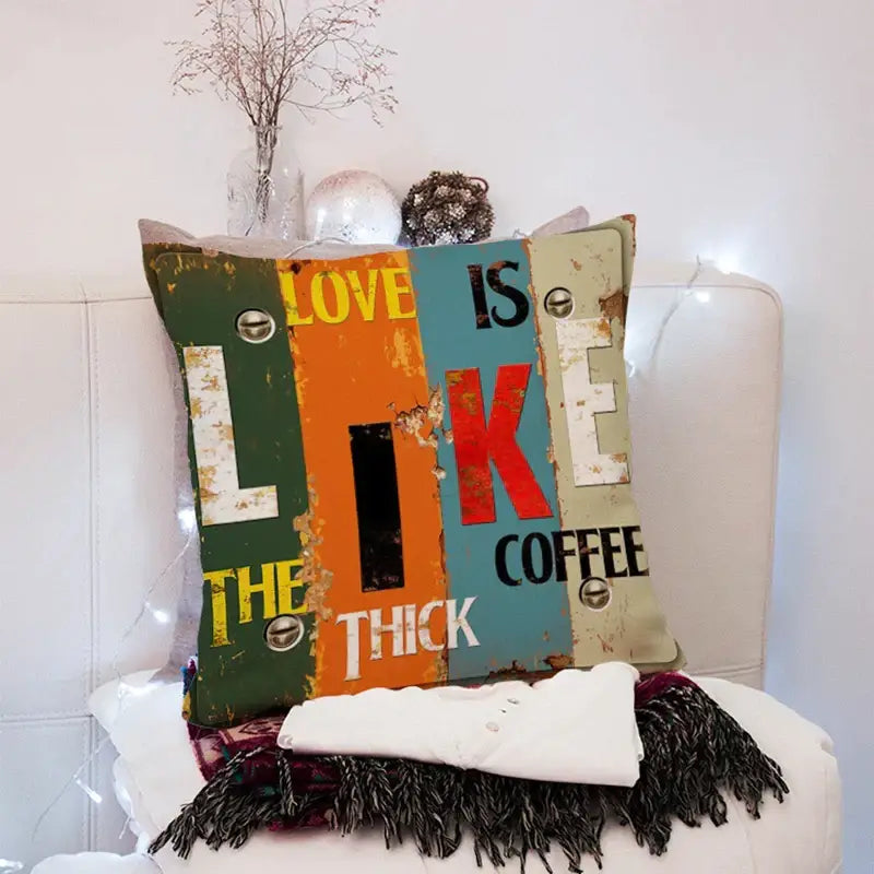 Rustic-style decorbites 45x45cm peach skin throw pillow with distressed multi-colored love is like coffee design