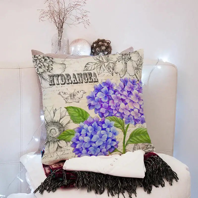 Purple and blue hydrangea 45x45cm peach skin throw pillow with vintage botanical illustrations on cream fabric decorbites 45x45cm peach