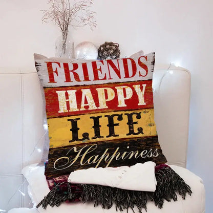 Vintage distressed peach skin 45x45cm throw pillow with rustic wooden texture and friends happy life happiness print decorbites 45x45cm peach