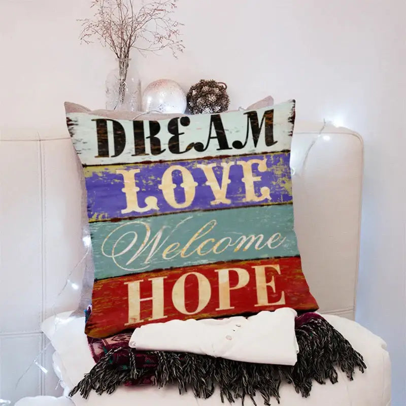 Colorful distressed wooden plank style 45x45cm peach skin throw pillow with dream love welcome hope text for living room decorbites 45x45cm peach