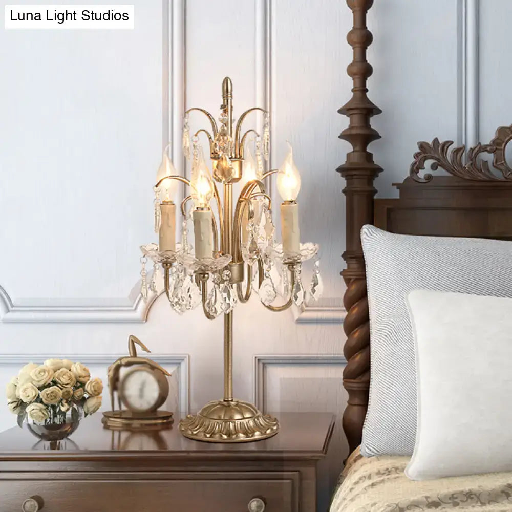 DecorBites vintage brass and crystal chandelier table lamp with five candle-like led incandescent bulbs and hanging crystal