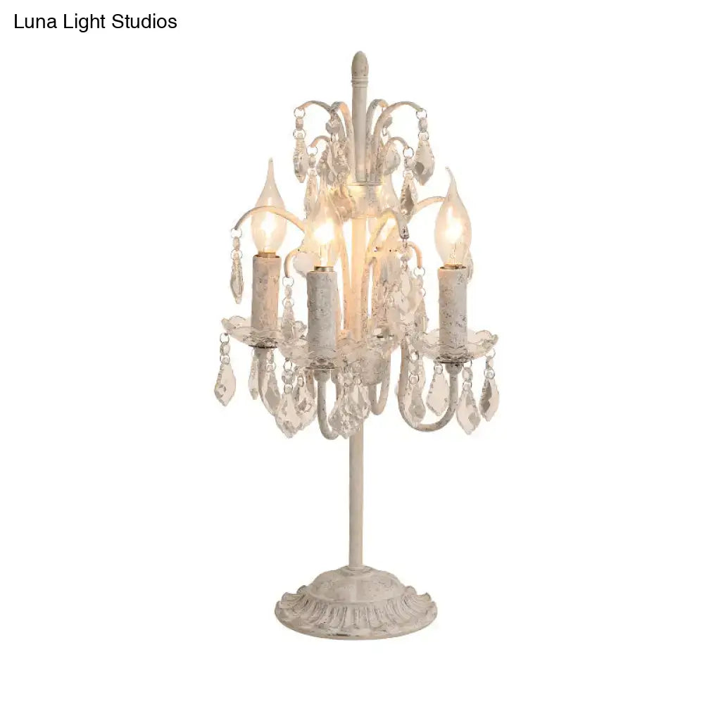 DecorBites vintage metallic distressed white table lamp with hanging crystal droplets and 4 led incandescent bulbs