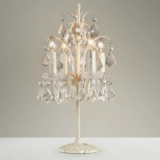 Decorbites™ vintage metallic nightstand lamp in distressed white with hanging crystal droplets and led incandescent bulbs