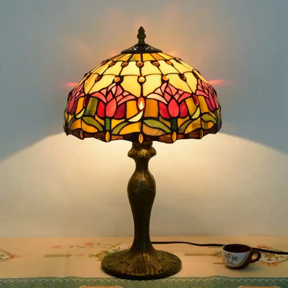 Vintage dragonfly tiffany stained glass table lamp with pink and yellow tulip stained glass shade on bronze base