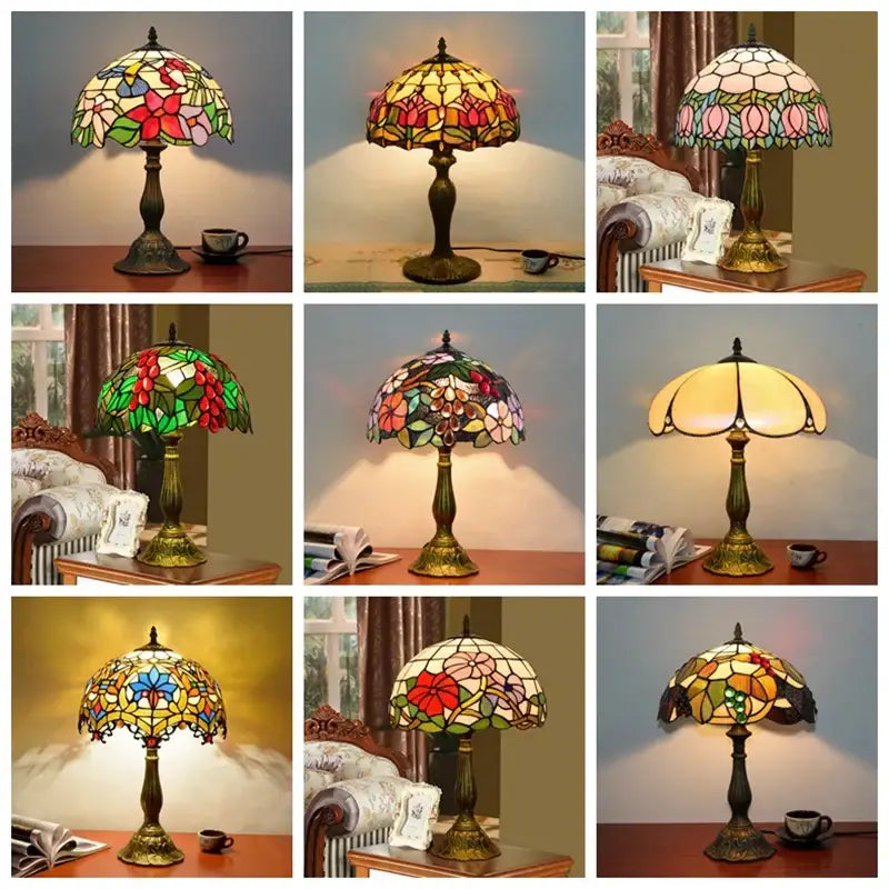 Vintage dragonfly tiffany stained glass table lamp with vibrant floral designs on ornate brass base for bedroom desk light