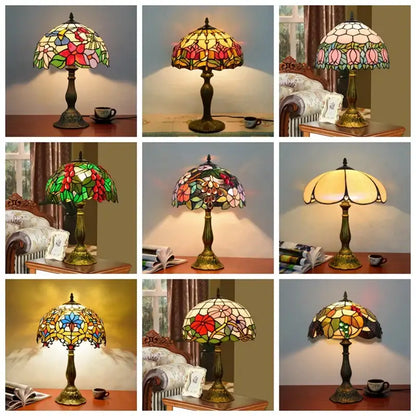 Vintage dragonfly tiffany stained glass table lamp with vibrant floral designs on ornate brass base for bedroom desk light
