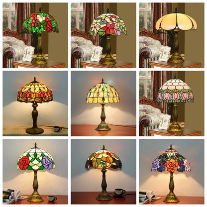 Vintage dragonfly tiffany stained glass table lamp with vibrant floral designs and brass-finished base for bedroom desk light