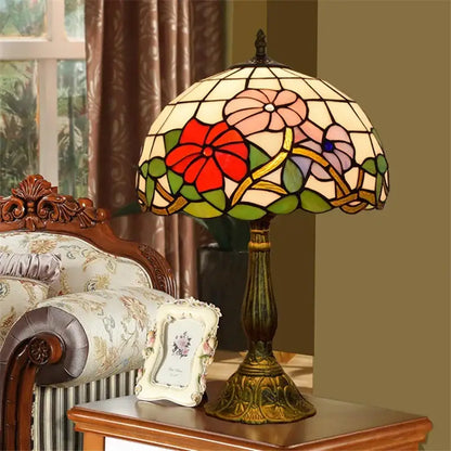 Vintage dragonfly tiffany stained glass table lamp with vibrant red pink green floral stained glass shade for bedroom desk