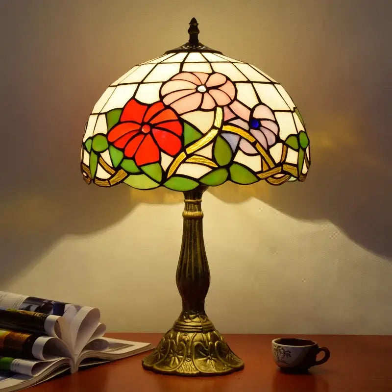 Vintage dragonfly tiffany stained glass table lamp with vibrant red pink and green floral stained glass shade for desk use