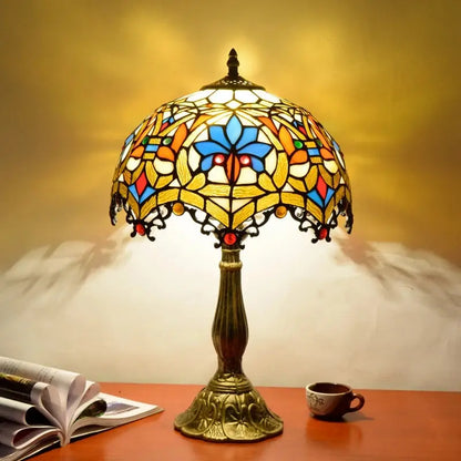 Vintage dragonfly tiffany stained glass table lamp with blue orange yellow floral shade and ornate brass base for desk or bedroom