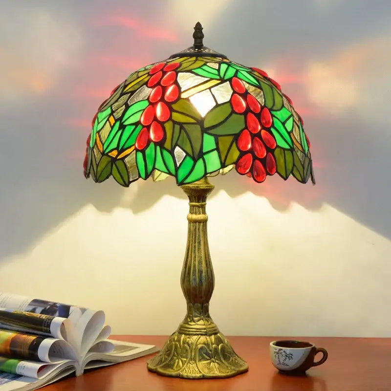 Vintage dragonfly tiffany stained glass table lamp with red coffee beans green leaves and ornate brass base for bedroom desk