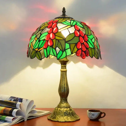 Vintage dragonfly tiffany stained glass table lamp with red coffee beans green leaves and ornate brass base for bedroom desk