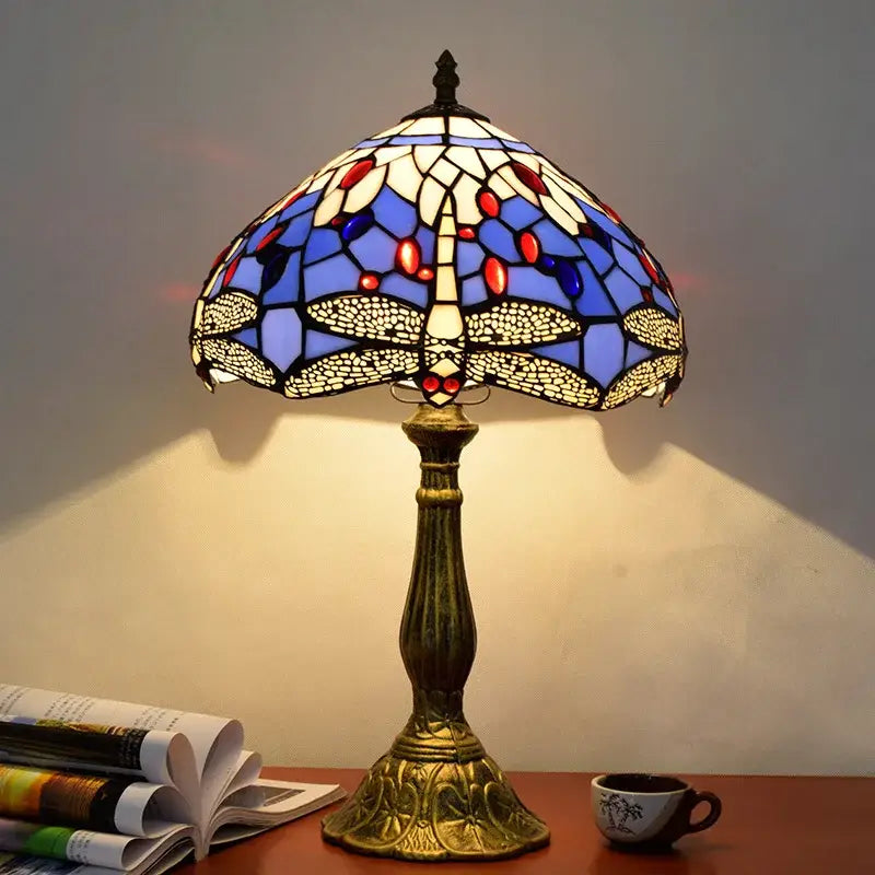Vintage dragonfly tiffany stained glass table lamp with blue red and white stained glass shade for bedroom desk light