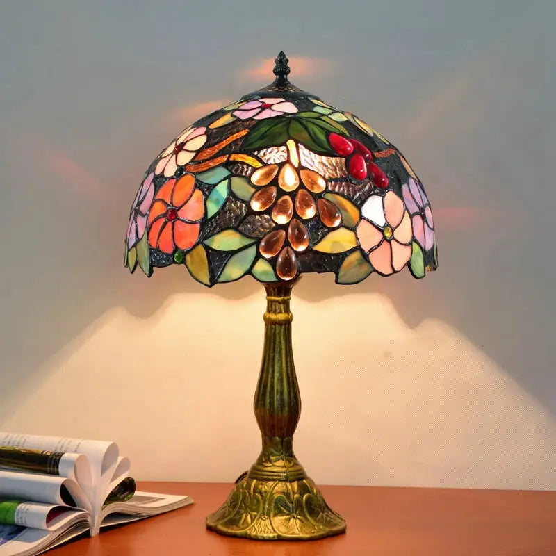 Vintage dragonfly tiffany stained glass table lamp with multicolored floral and grapevine design for bedroom desk light