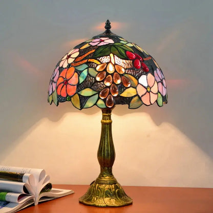 Vintage dragonfly tiffany stained glass table lamp with multicolored floral and grapevine design for bedroom desk light