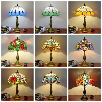 Vintage dragonfly tiffany stained glass table lamp with intricate floral and geometric patterns and brass base