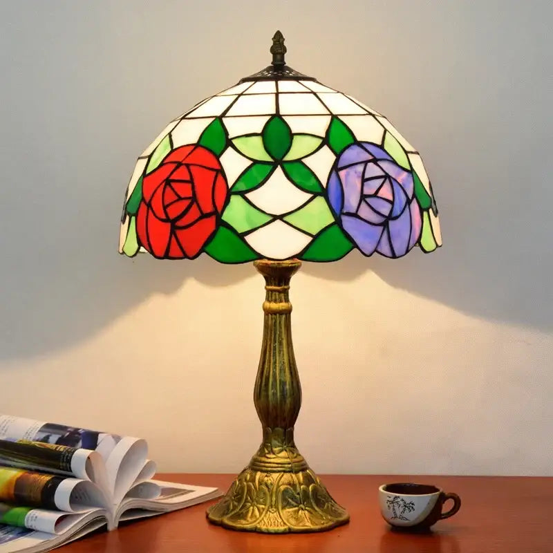 Vintage dragonfly tiffany stained glass table lamp with gold-toned base and red purple rose floral tiffany stained design