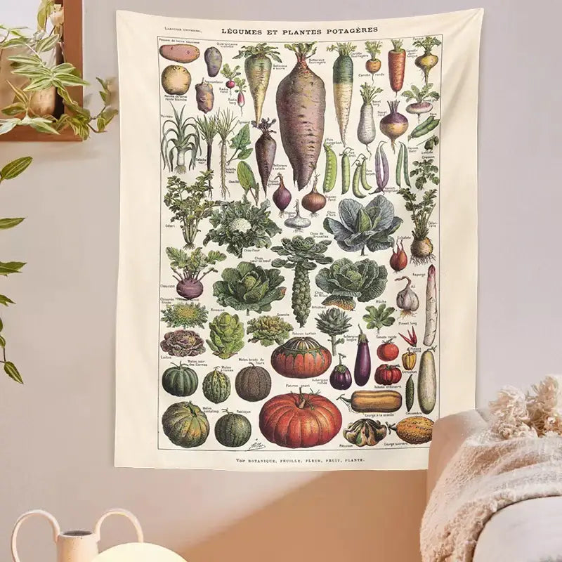 Beige fabric plant chart tapestry featuring vintage earth tone botanical plant chart in green and brown for kitchen wall art decorbites