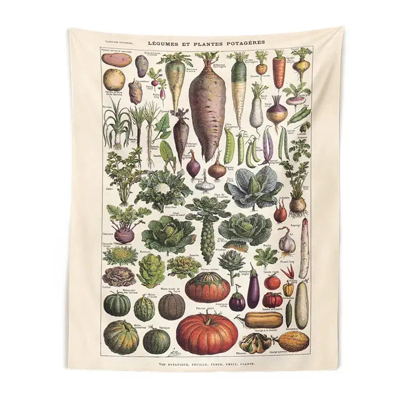 Beige decorbites botanical plant chart tapestry with vintage vegetables in muted earth tones for kitchen wall art