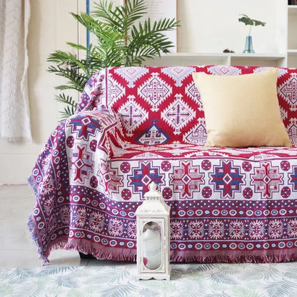 Vintage earth tone world map bohemian cotton plaid sofa blanket with red white and purple geometric pattern and fringed edges