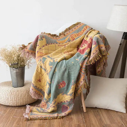 Cozy vintage earth tone world map cotton plaid sofa blanket with fringed edges for bohemian cotton decorbites living room use