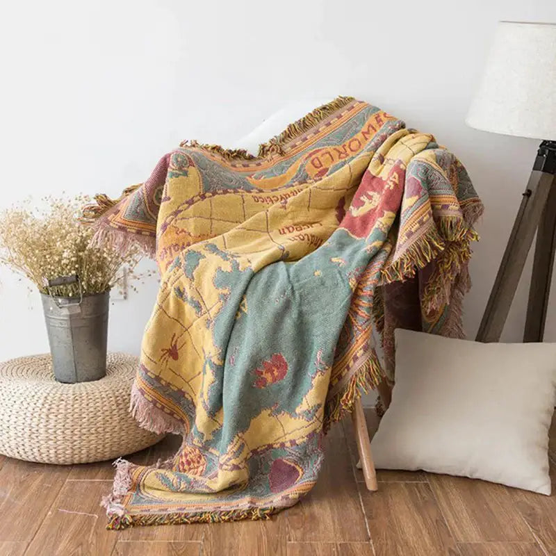 Cozy vintage earth tone world map cotton plaid sofa blanket with fringed edges for bohemian cotton decorbites living room use