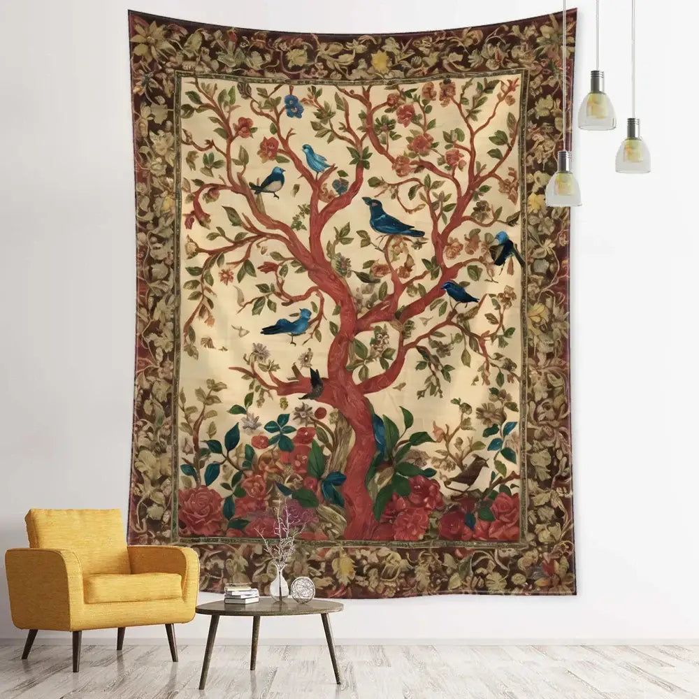 Vintage earthy flying bird tree tapestry with vibrant red tree blue birds and floral patterns for bedroom wall hanging