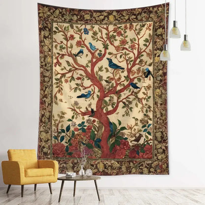 Vintage earthy flying bird tree tapestry with vibrant red tree blue birds and floral patterns for bedroom wall hanging