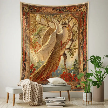 Vintage earthy flying bird tree tapestry featuring a white and gold peacock on a branch with autumnal foliage and ornate borders