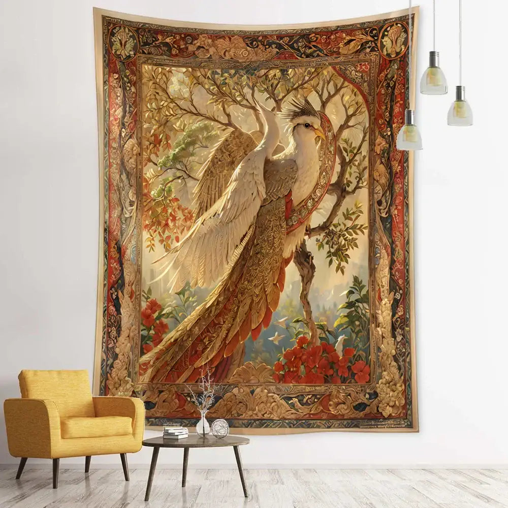 Vintage earthy flying bird tree tapestry with white and gold peacock and autumnal foliage for bedroom wall hanging