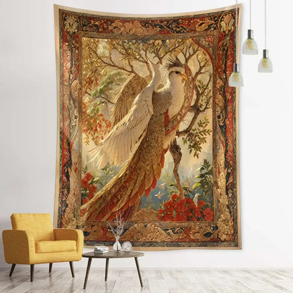 Vintage earthy flying bird tree tapestry with white and gold peacock and autumnal foliage for bedroom wall hanging