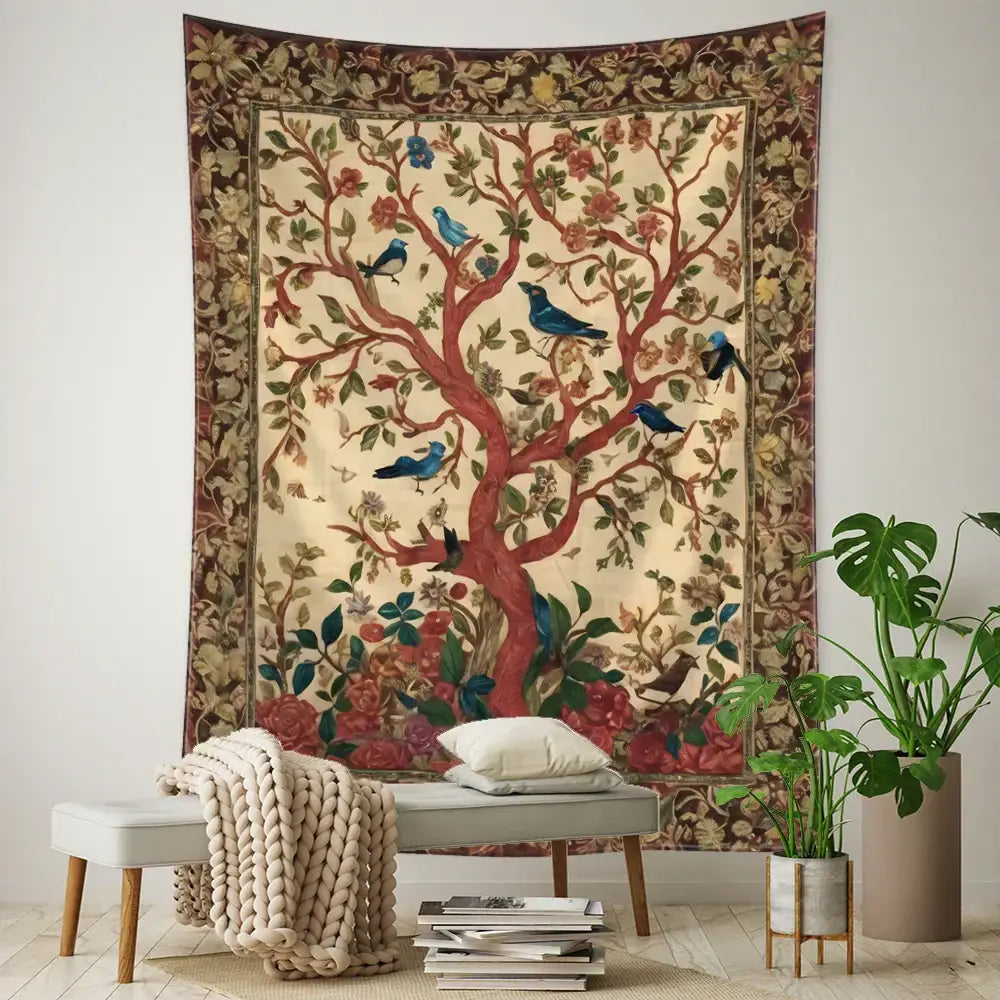 Vintage earthy flying bird tree tapestry with a red tree and blue birds framed by an ornate earthy border for bedroom wall hanging