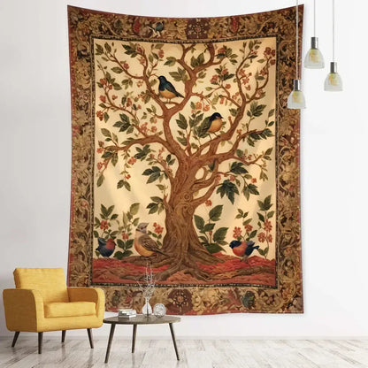 Vintage earthy flying bird tree tapestry in beige brown and green for bedroom wall hanging decor