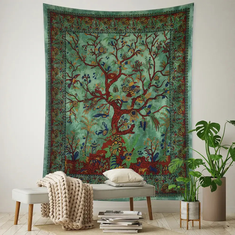 A vibrant teal and red vintage tapestry featuring an intricate flying bird tree design for bedroom wall hanging