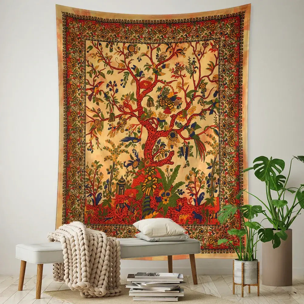 Vintage earthy flying bird tree tapestry in vibrant red and gold featuring detailed birds animals and foliage for wall hanging