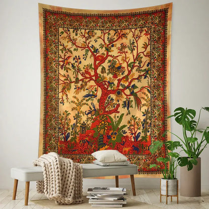 Vintage earthy flying bird tree tapestry in vibrant red and gold featuring detailed birds animals and foliage for wall hanging