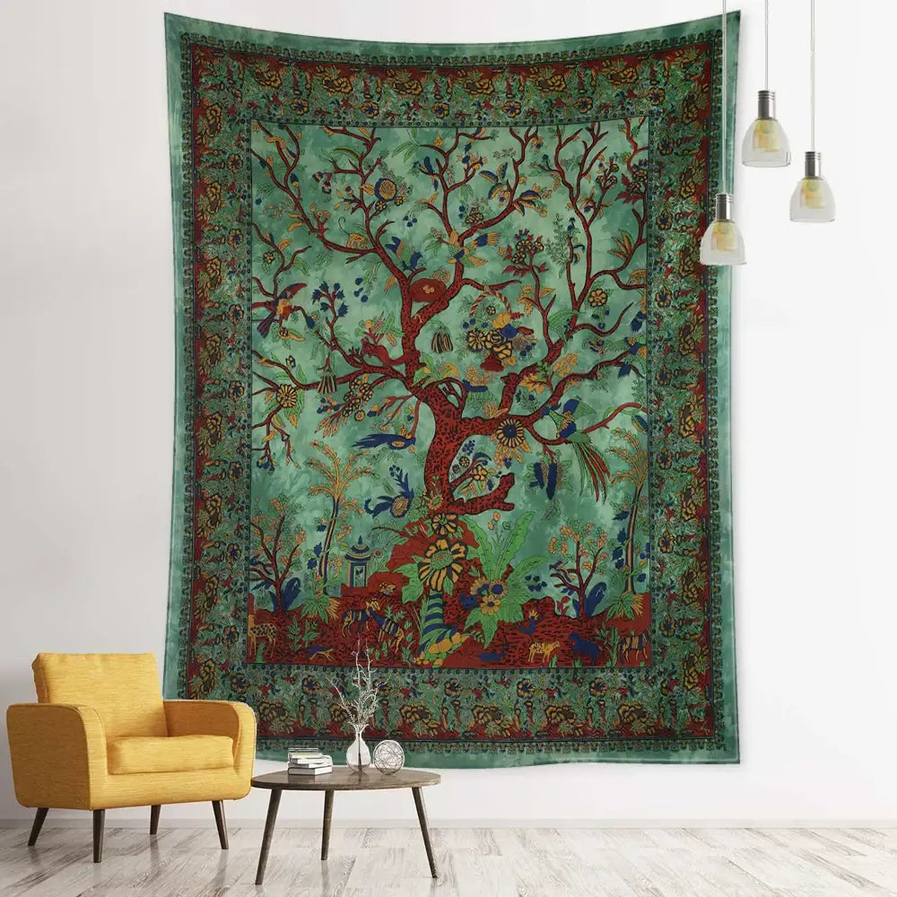 Vintage earthy flying bird tree tapestry in vibrant green and red with intricate floral and animal motifs for wall hanging