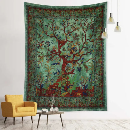 Vintage earthy flying bird tree tapestry in vibrant green and red with intricate floral and animal motifs for wall hanging