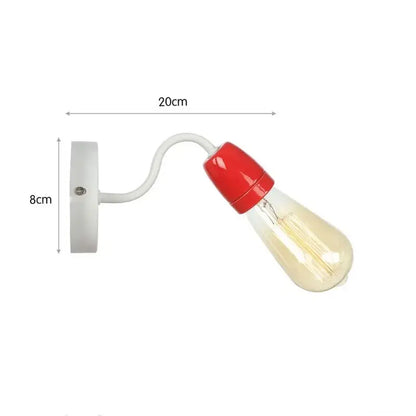 A white wall lamp with a curved arm and red-capped clear bulb from decorbites colorful ceramic led collection