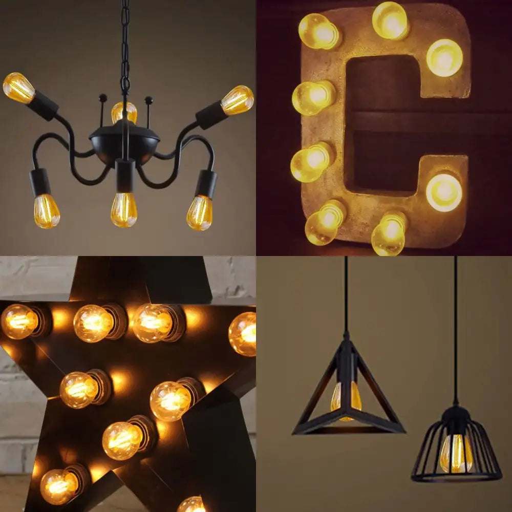 Black metal chandelier featuring multiple exposed decorbites amber plastic filament bulbs for vintage patio lighting