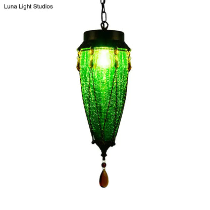 Decorbites™ conical green glass pendant light with black metal accents and amber bead vintage style glass pendant