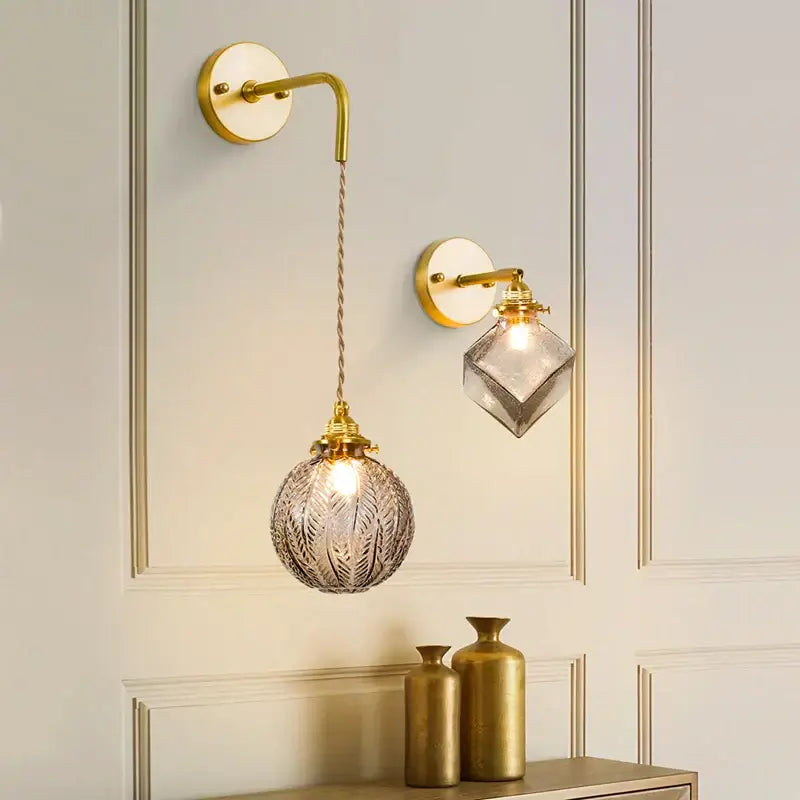 Gold-finished wall lamp with vintage etched grey glass led shade hanging from twisted cord for decorbites grey glass sconce