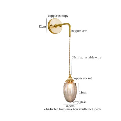 A vintage etched grey glass led wall lamp with copper adjustable wire and brass sconce for bedroom decorbites grey glass