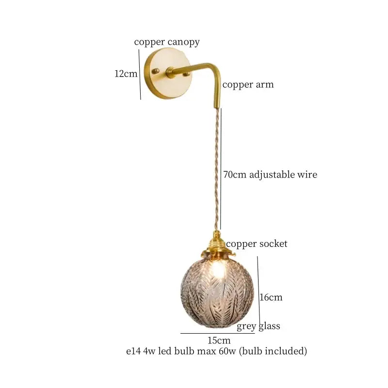 Vintage etched grey glass led wall lamp with copper canopy and adjustable 70cm wire for decorbites grey glass sconce