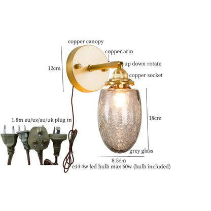 Vintage etched grey glass led wall lamp with copper canopy and oval decorbites grey glass shade for bedroom brass sconce